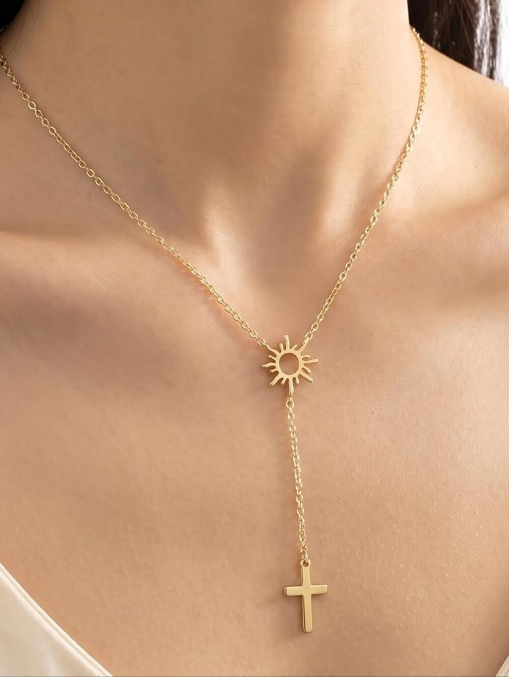 Gold Sun Cross Y Drop Necklace Gold Plated with Adjustable Extension Chain